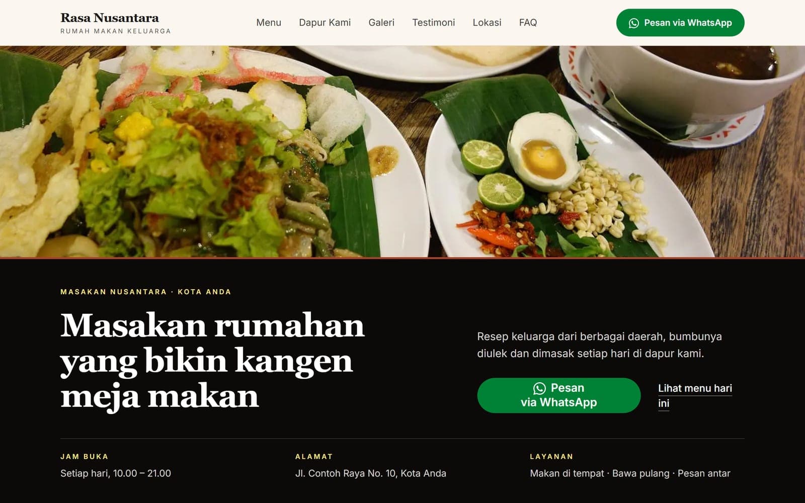 Halaman utama contoh website restoran Rasa Nusantara buatan PunyaWeb