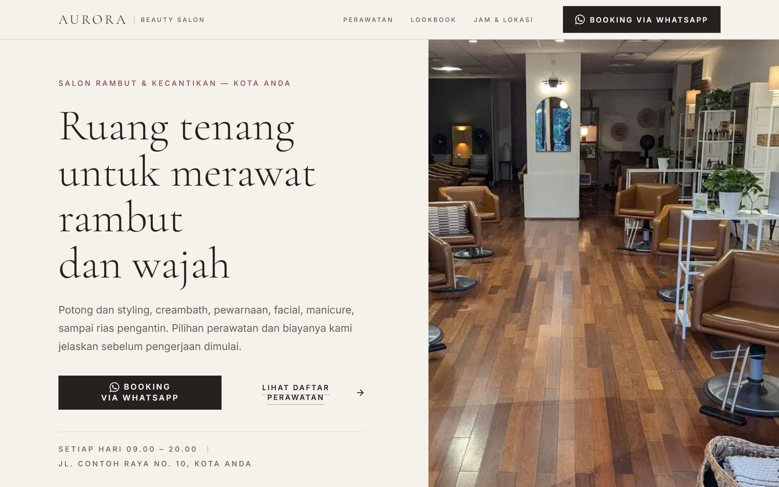 Halaman utama contoh website salon Aurora Beauty Salon
